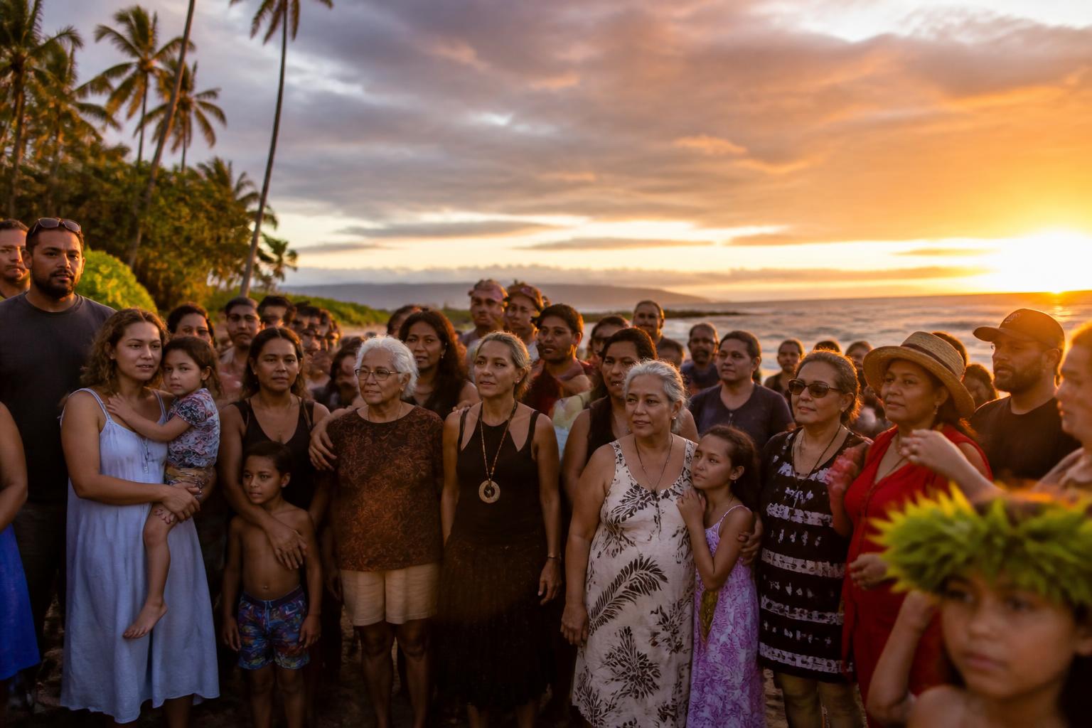 Maui community gathered together at sunset